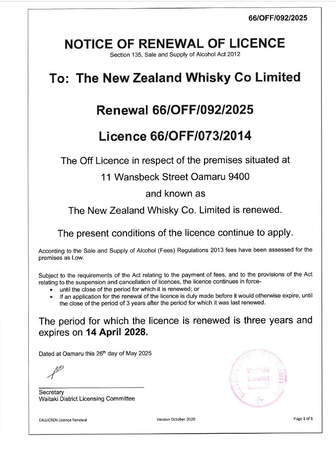 The New Zealand Whisky Collection Off-Licence issued under the Sale and Supply of Alcohol Act 2012
