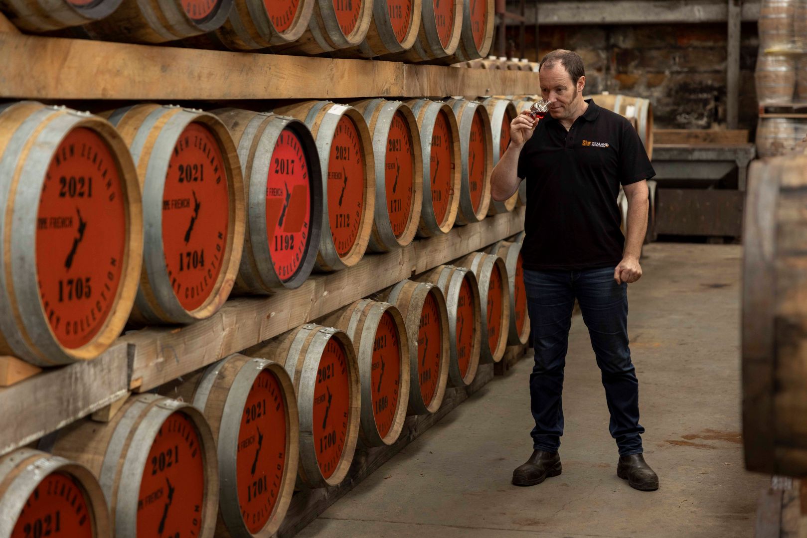 Michael Byars nosing whisky in the Oamaru bond store