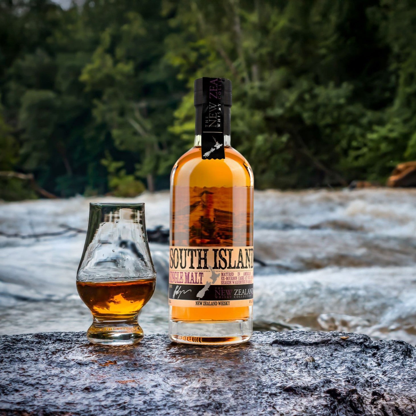 South Island Single Malt beside a river