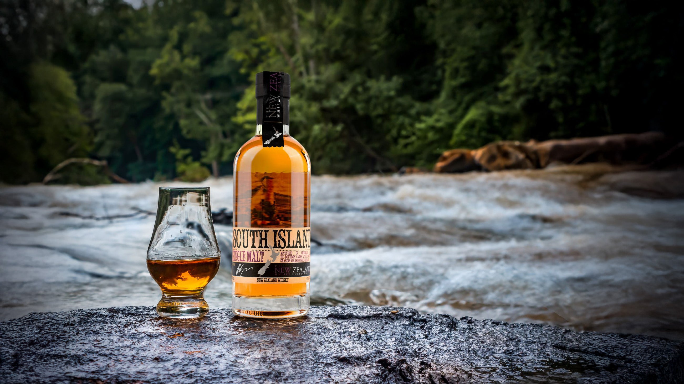 South Island Single Malt beside a South Island river